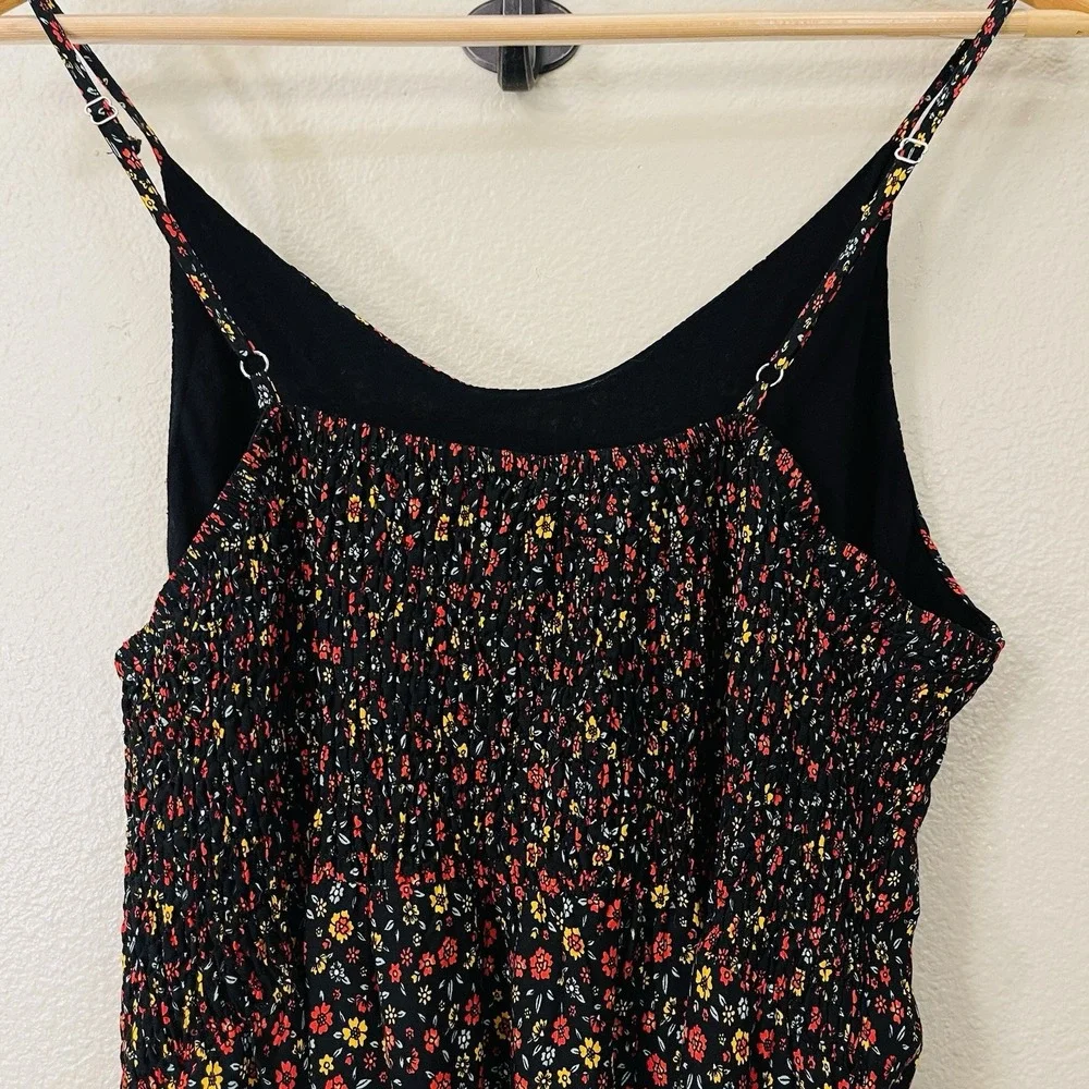 Dark Boho Maxi Floral Strap Dress Black‎ Smocked Multicolor Whimsygoth Size L